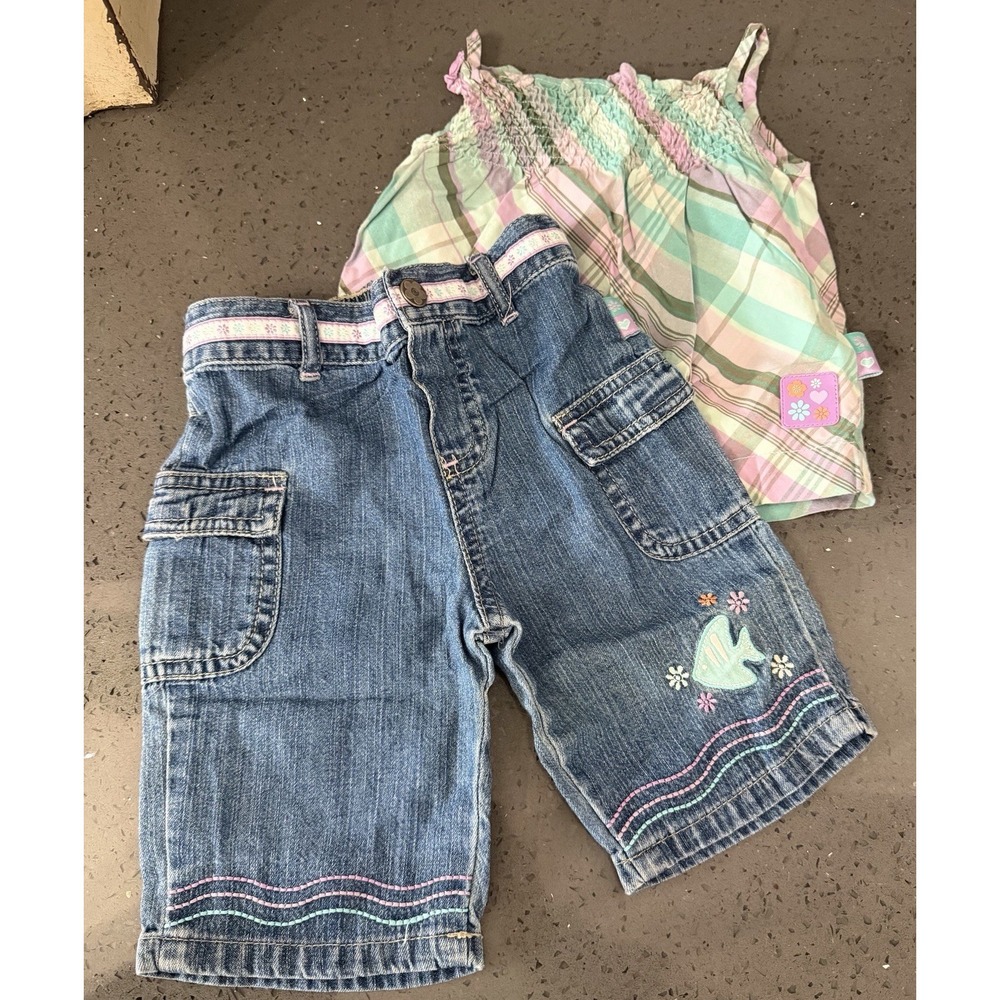 Y2K Carter's Plaid Tank Top Shirt Fish Denim Pants Jeans 6-9 Months‎ Outfit Baby